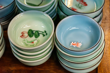 Close-up of stacked pastel ceramic Tea cups with floral and koi fish designs on a wooden table, soft light, handmade Asian-style tableware background.の写真素材