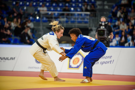 Tbilisi, Georgia. 16 April, 2026. Distria KRASNIQI (KOS) vs. Amandine BUCHARD (FRA) in a gold medal match, Women under 52 kg at European Judo Championships Seniors Tbilisi 2026 Individuals.