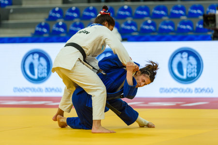 Tbilisi, Georgia. 16 April, 2026. Shirine Boukli (FRA) vs Shafag Hamidova (AZE) in the semi-final of the European Judo Championships Seniors Tbilisi 2026 Individuals.