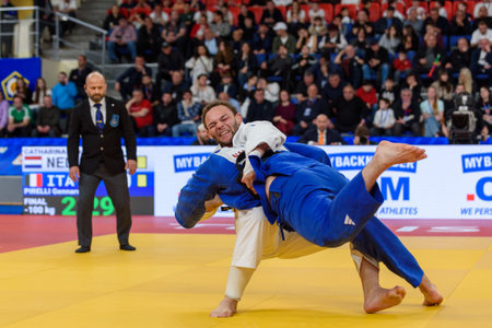 Tbilisi, Georgia. 19 April, 2026. Gennaro PIRELLI of Italy (blue) against Simeon CATHARINA of Netherlands (white) in a gold medal match for Men under 100 kg at the European Judo Championships Seniors Tbilisi 2026 Individuals.