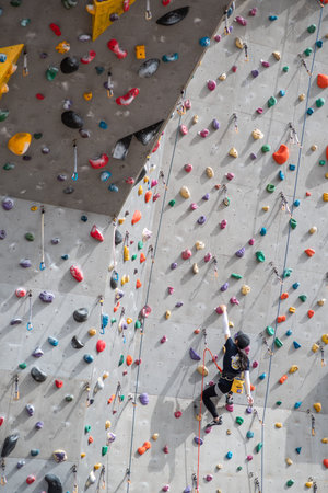 People practice sport climbing on an artificial wall in Hangang Han river park in Seoul, capital of Korea on 7 October 2023
