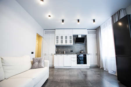Horizontal view of modern furniture in a large kitchenの写真素材