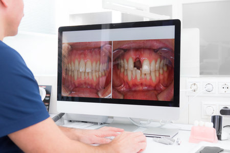 Restoration of the incisor tooth before and after treatment. The dentist looks at the result on the computer screenの写真素材