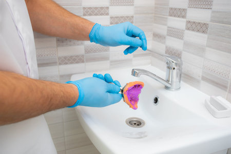 The dentist rinses the dental impression with water under pressure. Close-up of dentists hands in...