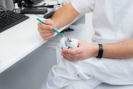 hands of a dentist close-up. dentist with a pencil shows jaw defects on a plaster cast