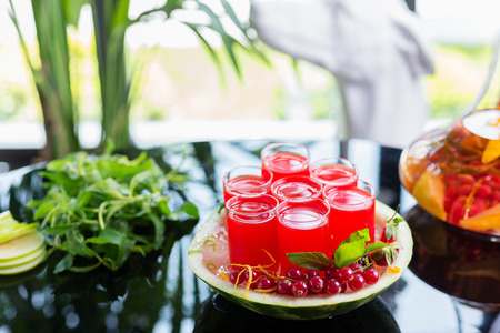 Set of glasses with alcohol cocktail with cranberry juice on a table in a restaurant with a creative composition of ice watermelon and fresh cranberries. soft focusの写真素材