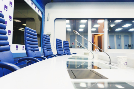 MOSCOW - September, 2016: empty and prepared for the event, modern stylish studio for meetings, presentations, events and television broadcast of the largest Russian news agency TASSの写真素材