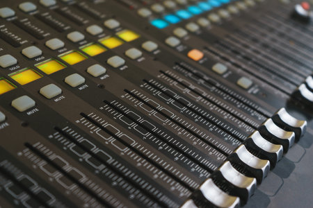 Music equipment closeup. Management console sound design at the event. Big black mixer with control...