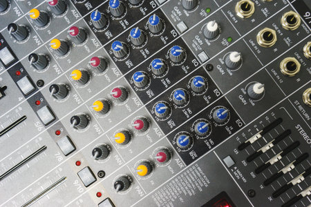 Sound equipment for a nightclub, discotheque or recording studio. The mixing console of the sound...