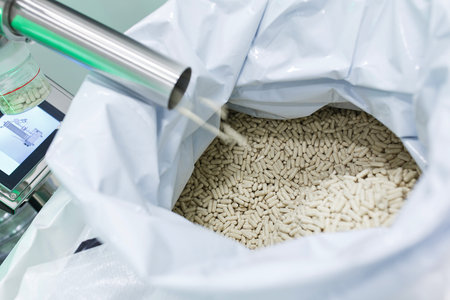 The process of production of drugs and tablets close-up. Device for packing pills in sterile...