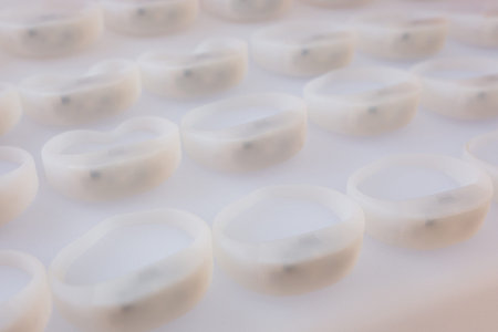 rows of several radio-controlled LED plastic bracelets for guests of the event. modern technologies. high tech.の写真素材