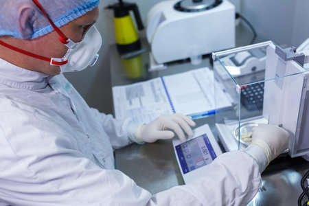 Pharmacist, a laboratory worker in sterile rubber gloves, weighs the manufactured tablets on the...