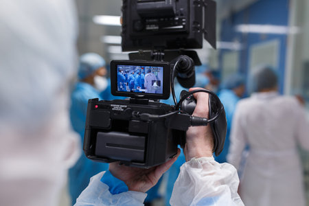 Videographer, dressed in sterile white clothes, records what is happening in the medical laboratory....