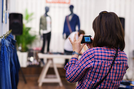 Young beautiful and fashionably dressed girl takes pictures of jeans in the showroom of a fashion store. View from the back.の写真素材
