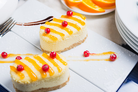 Fresh aromatic cake cheesecake on a white plate decorated with syrup and berries.の写真素材