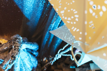 New Year's holiday decor on the firs decorated for the holiday. Decorations made of paper and bright...