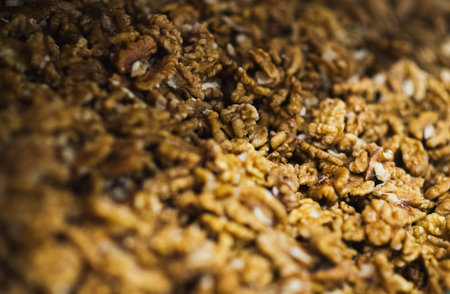 Walnut without shell on the counter of the grocery market. Harvest nutritious nuts in the store....