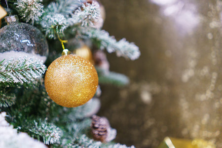 Bright festive decorations celebrating Christmas and New Year with empty space. Christmas toys,...