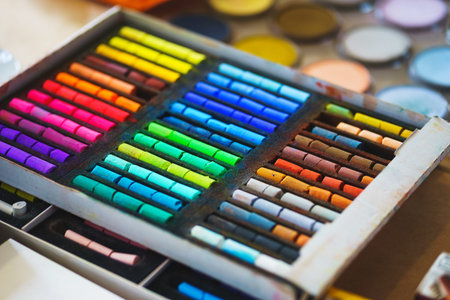 Pastel crayons paint special box. Accessories for painting with pastels. Small pieces of crayons top...