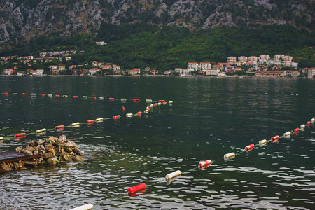 Sea surface with restrictive buoys. Boka-Kotor Bay in Montenegro, Bay fjord in the city of Kotor. Travel to Europe, the Mediterranean and the Balkans. Landscapes and travel concept.の写真素材