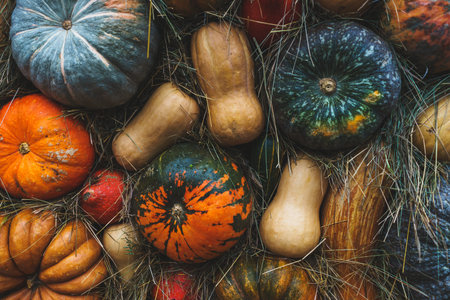 Harvest pumpkins of different size and color on the cut grass. Rustic Atmospheric autumn background....
