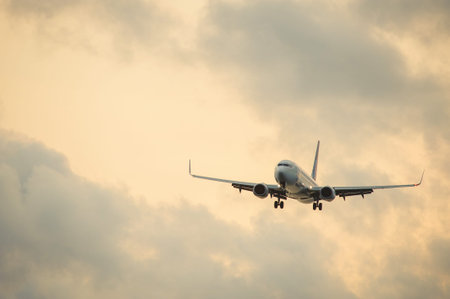 Silhouette of a passenger airliner in the sky during sunset. Airplane in the sky. Take-off and...