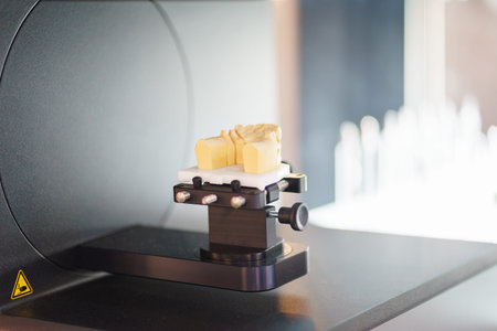 Cad cam machine in dental laboratory. Production of dental crowns and dentures. Milling dental...