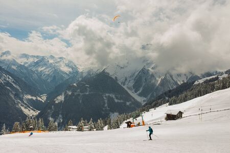 Ski slope, resort and outdoor activities in the winter in the Alps.の写真素材