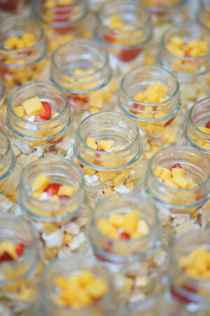 Catering and guest meals during the event. Quick mini snacks in a special beautiful dish. Canapes and light meals, tapas on the table in the restaurant.の写真素材