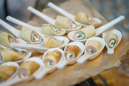 Catering and guest meals during the event. Quick mini snacks in a special beautiful dish.の写真素材