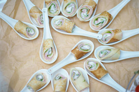 Catering and guest meals during the event. Quick mini snacks in a special beautiful dish.の写真素材