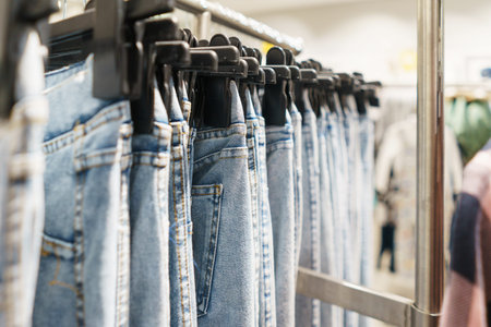 Modern fashion store. Buyers choose clothes. Fashionable men's and women's clothes on hangers in a clothing store. Sale and shopping in stores. Soft focus.の写真素材