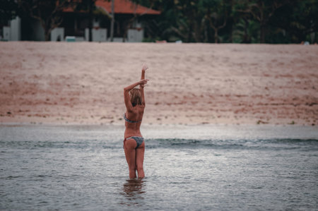 Balinese landscape sandy beach, ocean waves and tropical palm trees, shore. Beach holidays on a...