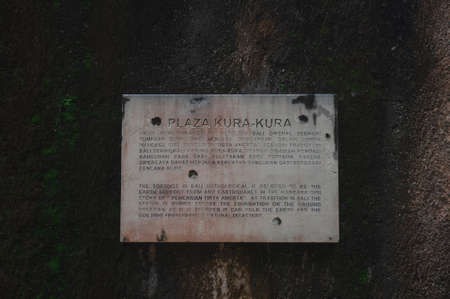 BALI-APRIL, 2020: Garuda Wisnu Kencana Cultural Park on island Bali. Details of exposition, general views. Travel to Indonesia, attractions. Plates with the names of exhibition areas and objects.のeditorial素材