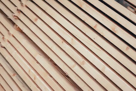 Wood and Sawmill. Large round logs harvested for construction. Production and sale of building materials. Stacked boards and logs. The texture of wood.の写真素材