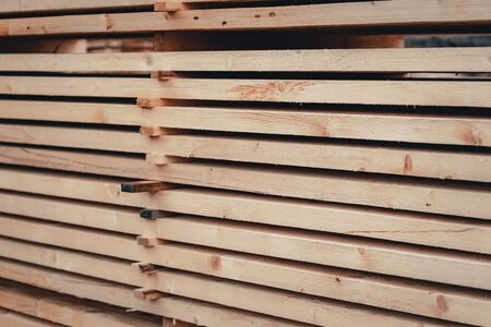 Wood and Sawmill. Large round logs harvested for construction. Production and sale of building materials. Stacked boards and logs. The texture of wood.の写真素材