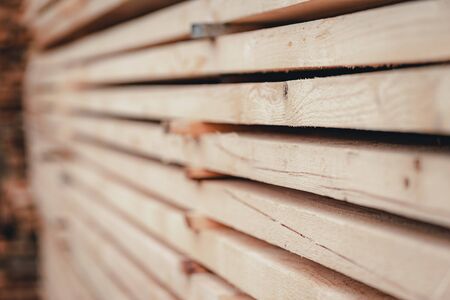 Wood and Sawmill. Large round logs harvested for construction. Production and sale of building materials. Stacked boards and logs. The texture of wood.の写真素材