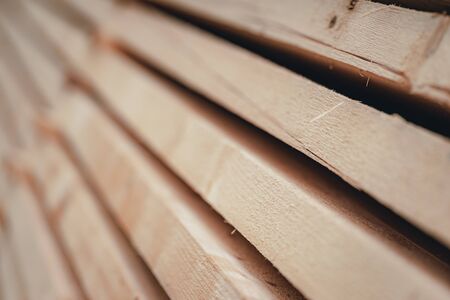 Wood and Sawmill. Large round logs harvested for construction. Production and sale of building materials. Stacked boards and logs. The texture of wood.の写真素材