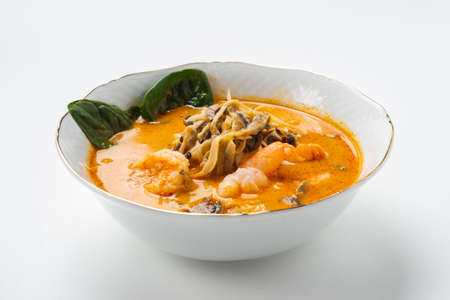 Traditional Asian soup with chicken or pig meat with udon noodles in a white bowl, isolate.の写真素材