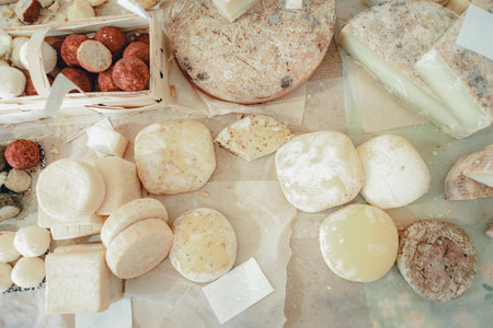 Counter at farmers market, a variety of homemade cheese. Assortment of cheese. Soft, hard, cheese balls and canned mozzarella. Ecology and eco-products, tasty and healthy food. Soft focus and bokeh.の写真素材