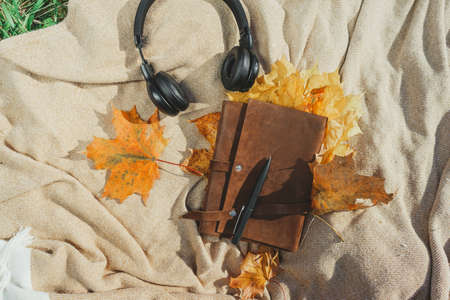 Top view of a leather book, diary and black headphones in autumn leaves lying on a blanket.の写真素材