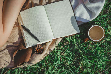 Top view diary and pen lying on a blanket, on green grass with a cup of coffee.の写真素材