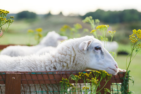 Small white goats in a small paddock on a farm. Farm, cattleの写真素材