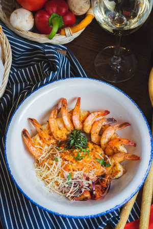 Traditional bright shrimp risotto in a bowl on a table in a restaurant with a beautiful decor in a dark key close-up. Soft focus, beautiful bokeh and stylish toning.の写真素材