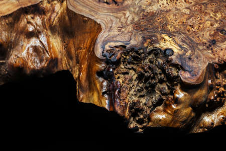 Extreme close-up, wood texture, wooden countertop slab, saw cut wood on black. Isolate.の写真素材