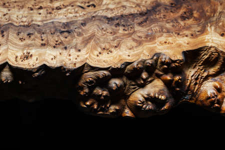Extreme close-up, wood texture, wooden countertop slab, saw cut wood on black. Isolate.の写真素材