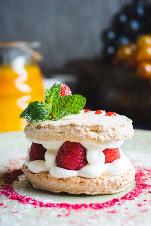 Traditional sweet pastry with three layers of airy dough with whipped creamの写真素材