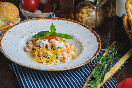 Traditional Italian pasta Carbonara with salmon and red caviar on a plateの写真素材