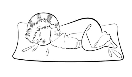 Baby sleeping ass up on a pillow. Line drawind illustration. Isolated vector illustration on white background.のイラスト素材