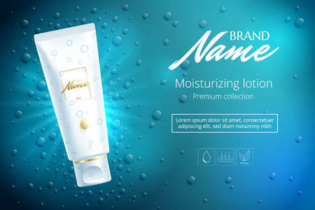 Advertising poster for cosmetic product for catalog, magazine. Vector design of cosmetic patskage. Moisturizing cream, gel, body lotion with vitamins. Vector illustration with isolated objectsのイラスト素材